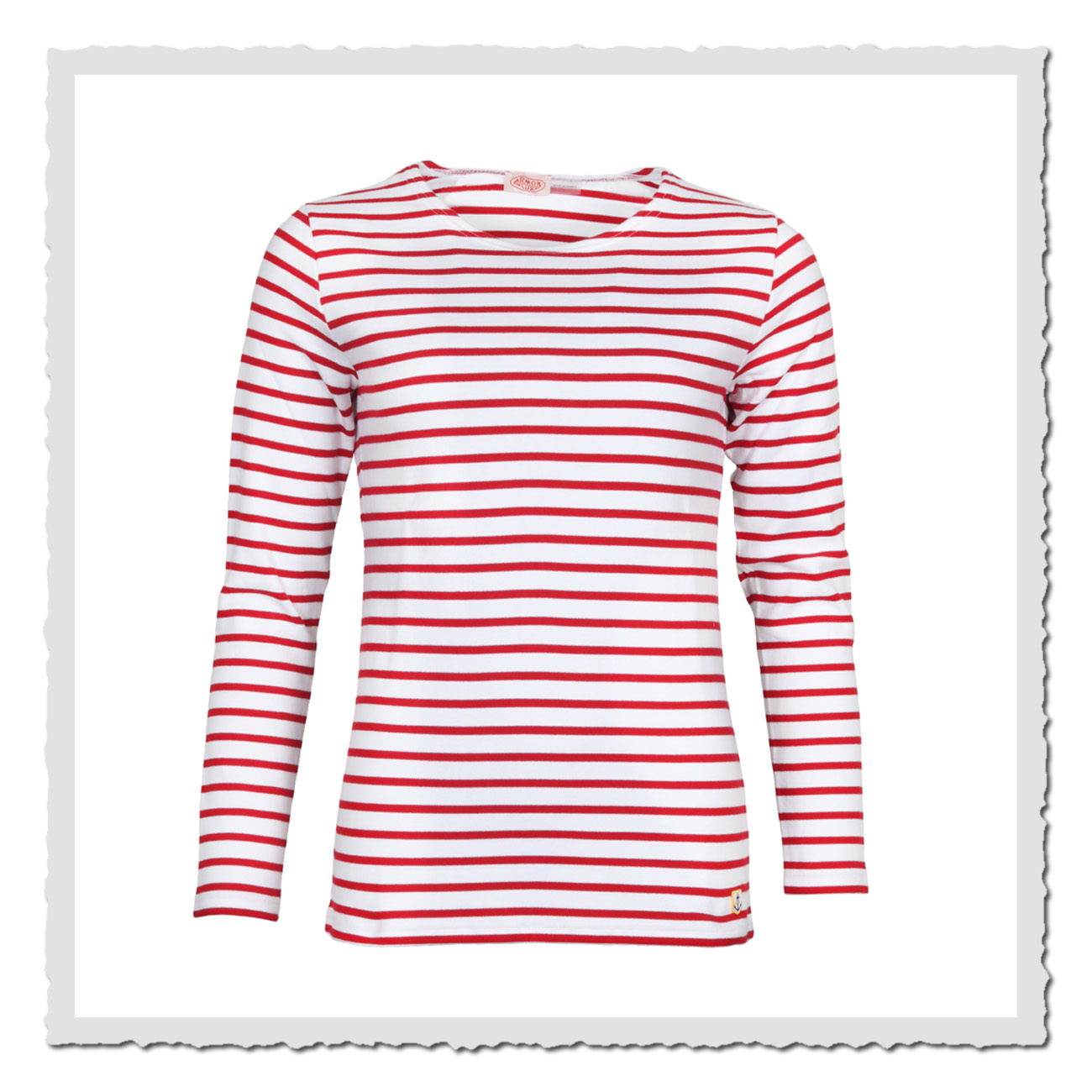 Armor Lux Matrosinnen-Shirt in Weiß und Rot mit langen Ärmeln und klassischem Ringelmuster, frontal auf hellem Hintergrund fotografiert.